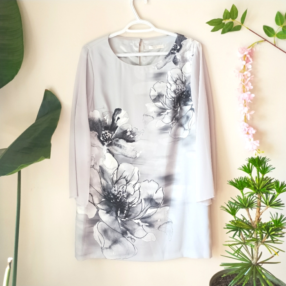 Jacques Vert Gray Floral Dress Petite 10
